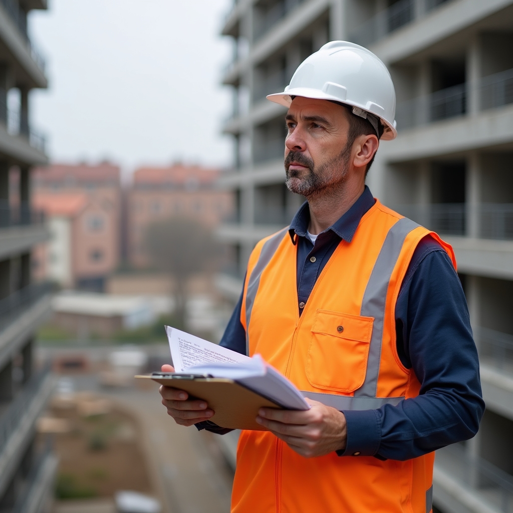 Technical inspector examining construction site documentation on a Croatian building project