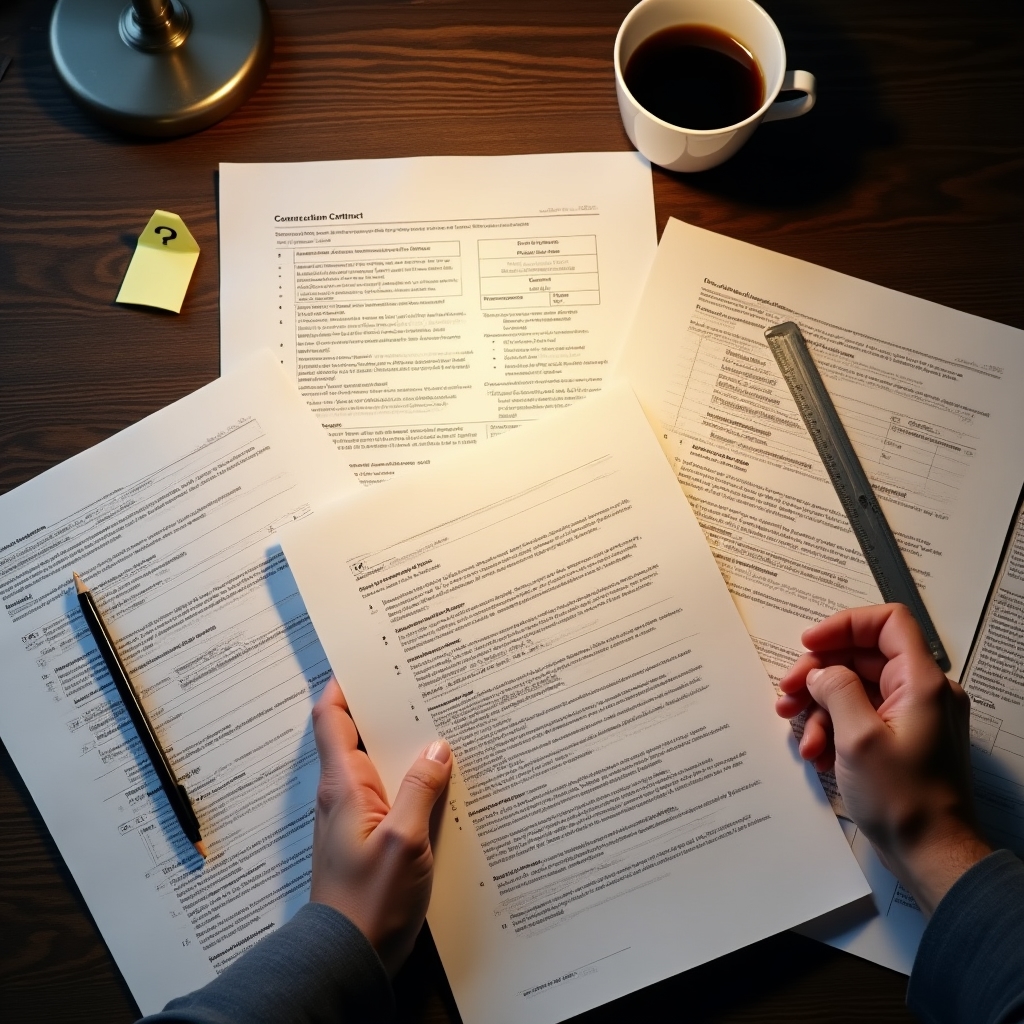 Construction contract documents spread on a desk being reviewed before a site inspection