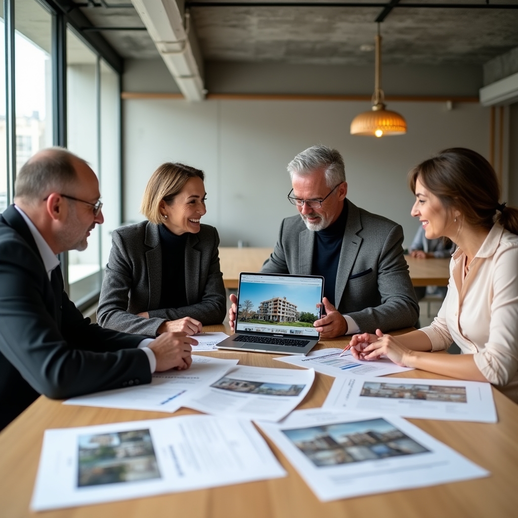 Group of investors reviewing a Veldito construction inspection report with photographs