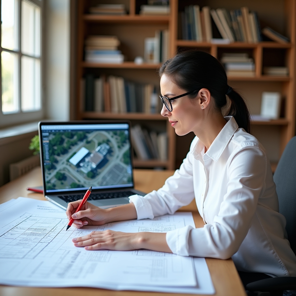 Technical inspector studying building plans and construction schedule at a desk before a site visit