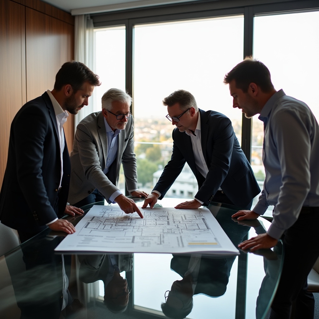 Group of investors in a meeting discussing construction project documentation and progress reports