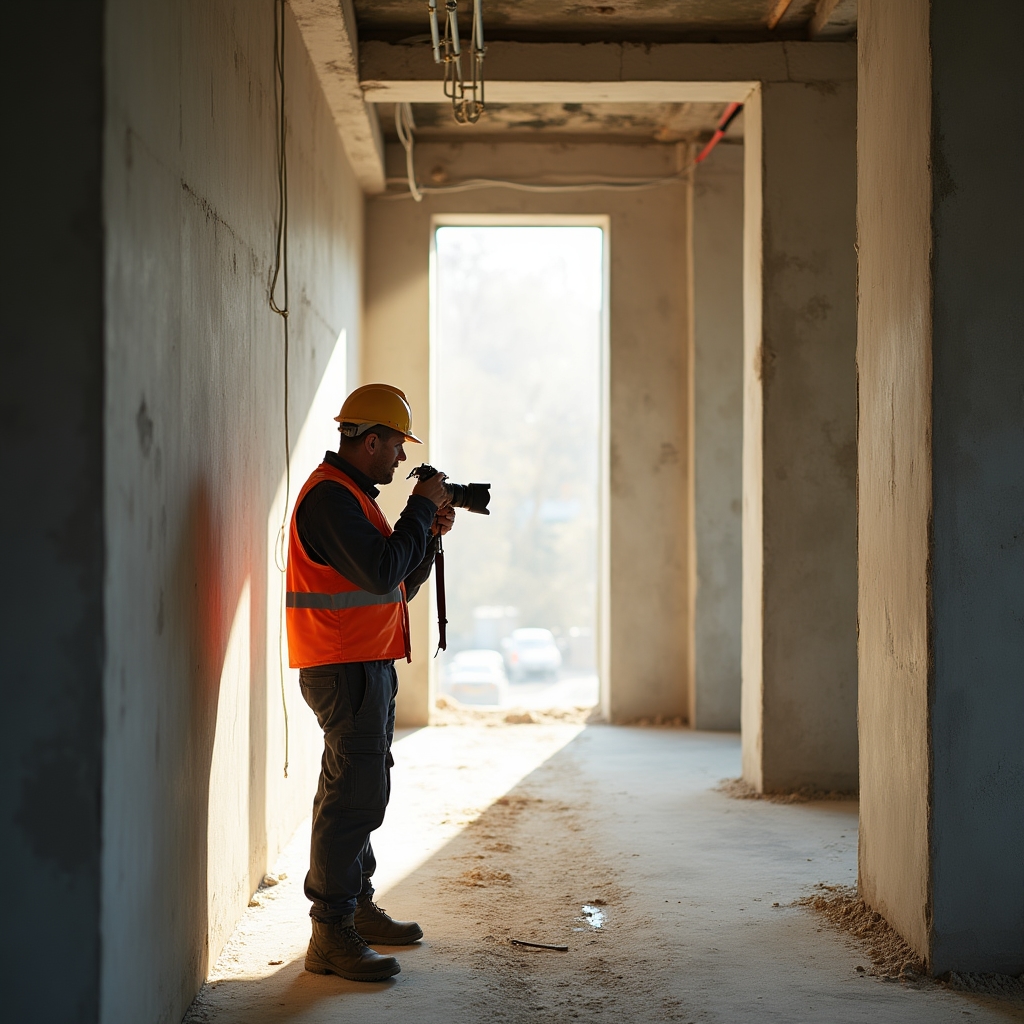 Inspector in safety equipment walking through a construction site taking photographs and notes